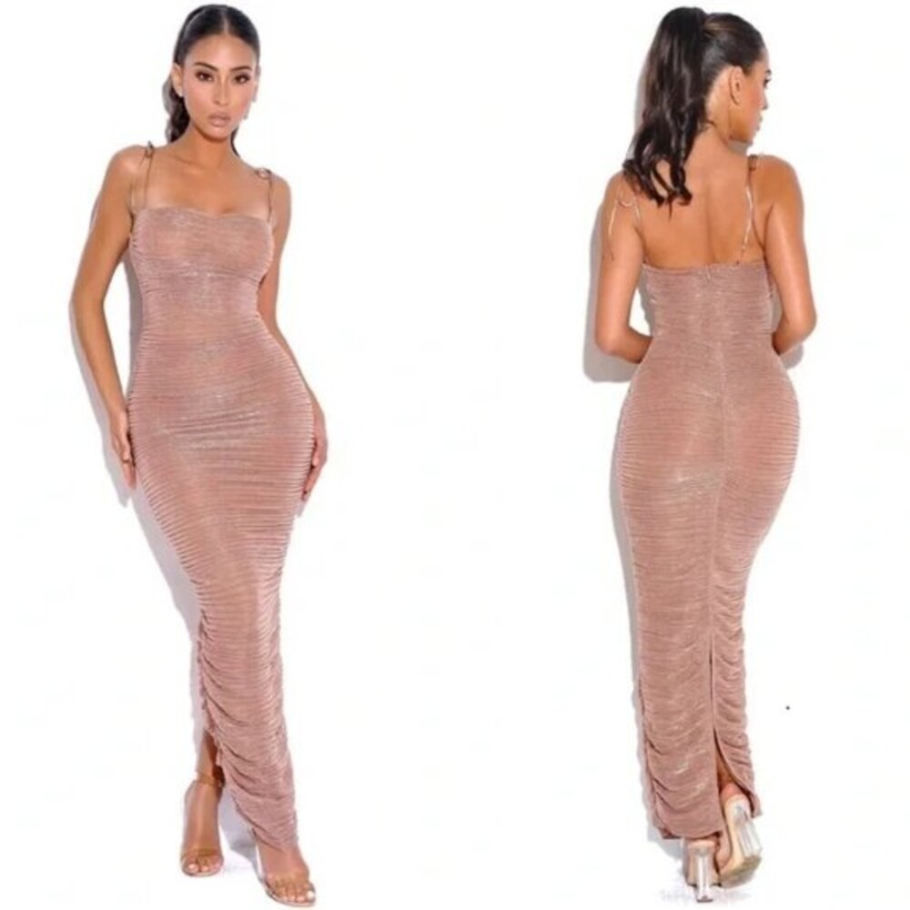 Miss Circle The Glint Rose Gold Ruched Chiffon Long Maxi Dress Size S Party Sexy